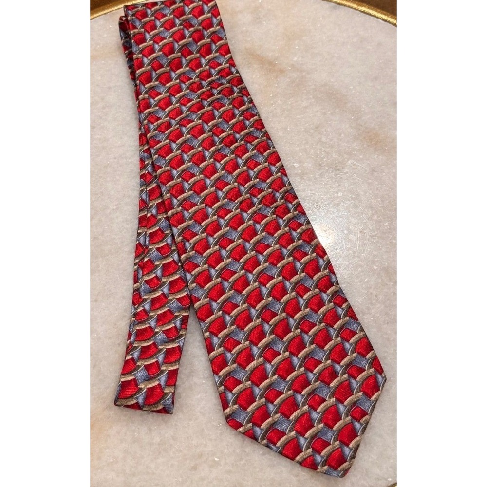 Ermenegildo Zegna Mens Silk Tie Red Blue Geometric Woven Made in Italy Luxury